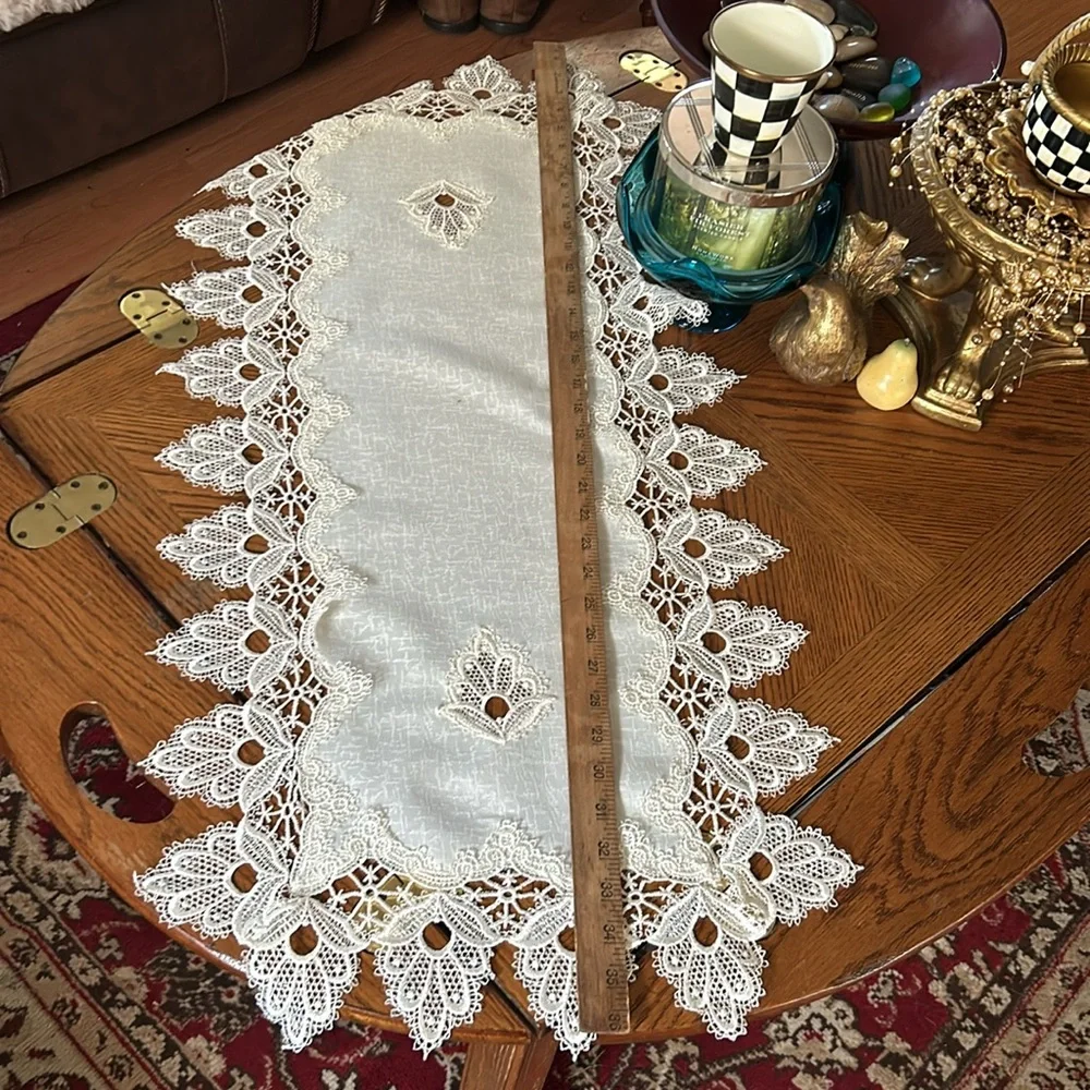Vintage Ivory Lace and Fabric Table Runner or Dresser Scarf